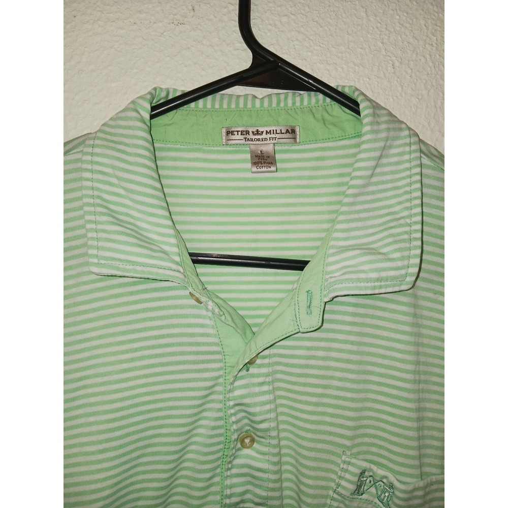 Peter Millar Tailored Fit Green White Striped Polo Shirt Mens L. Summer Comfort.